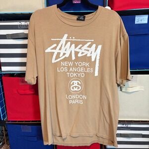 Stussy World Tour SS Link Logo Tan Graphic T-Shirt Streetwear Skater Large L